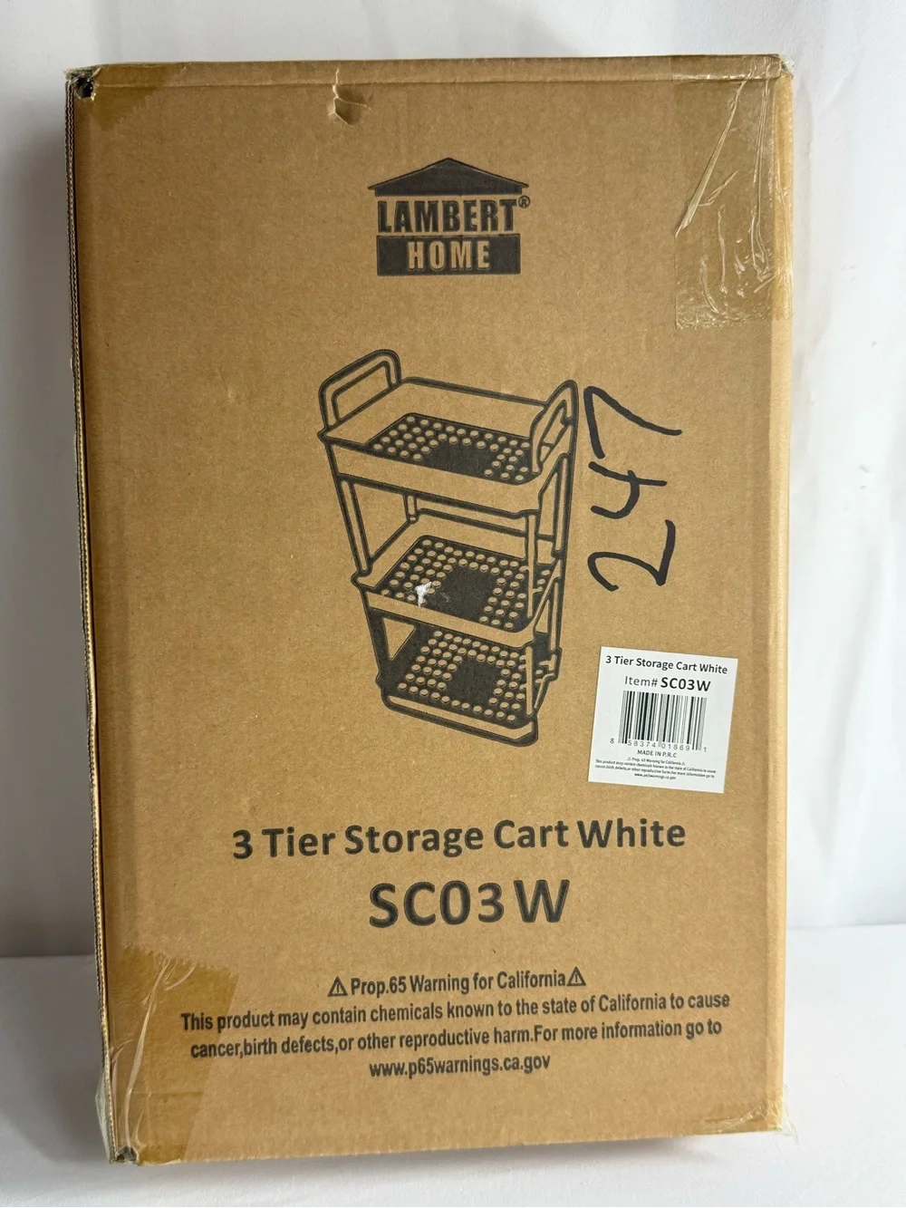 NWT-Lambert Home Multi-Functional 3-Tier Lightweight White Rolling Storage Cart
